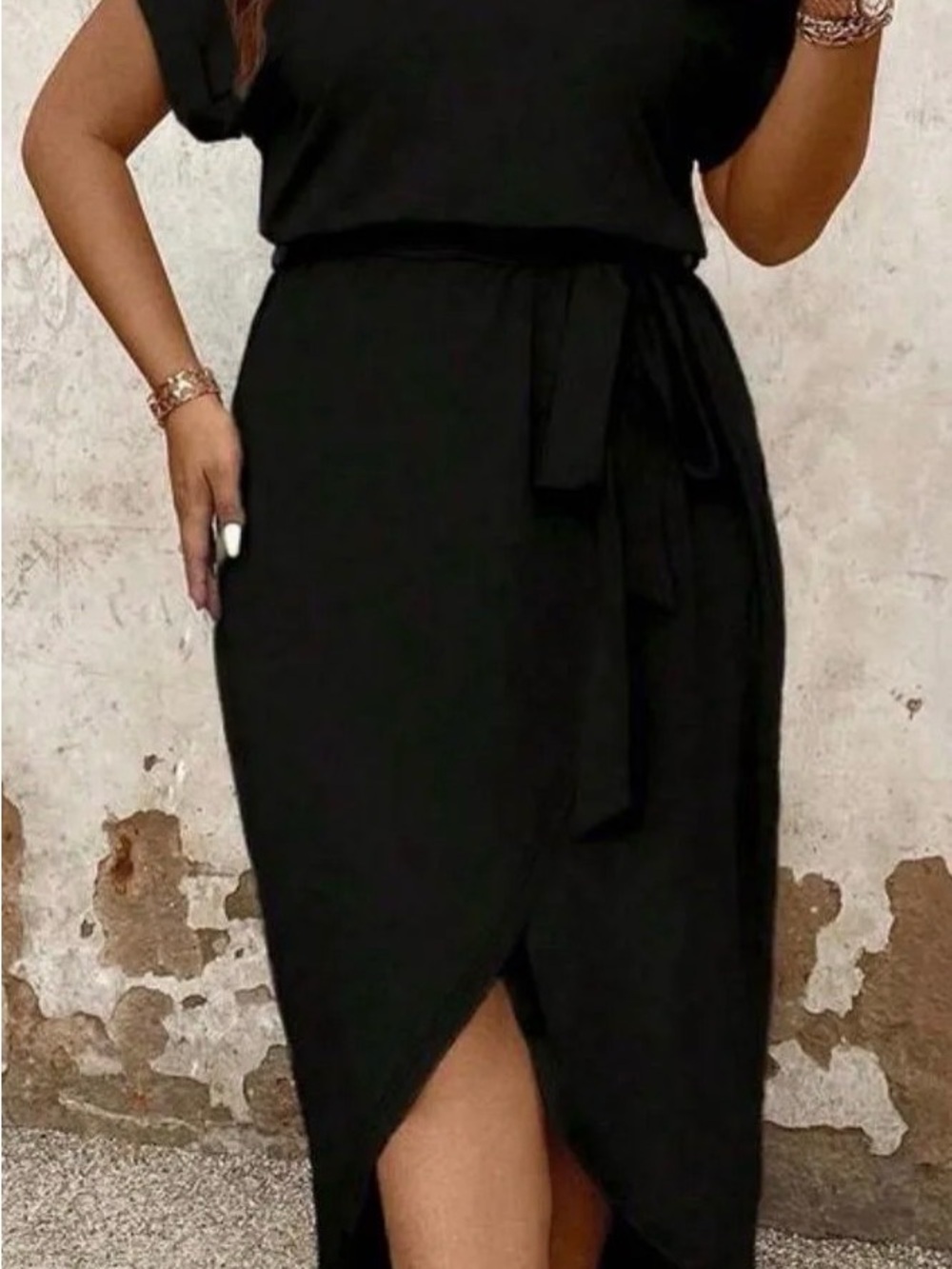 SHEIN Black High-Low Wrap Midi Dress with Waist Tie